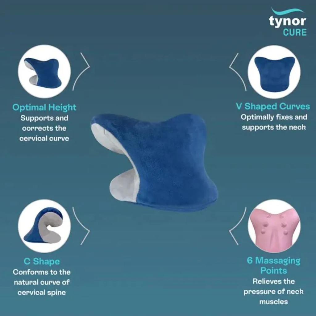 Blue neck pillow with features highlighted on a blue background, branded as tynor CURE.