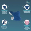 Blue neck pillow with features highlighted on a blue background, branded as tynor CURE.