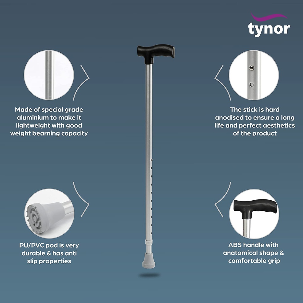 Tynor Walking Stick L-Type L08 | Adjustable Aluminium Cane