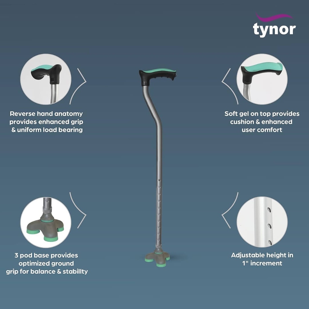 Tynor Walking Stick Trio L 44 | 3-Point Anti-Slip Cane